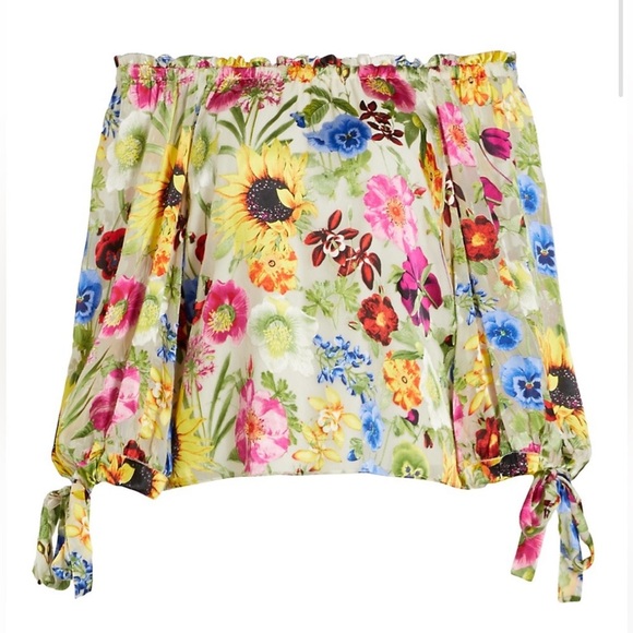 ALICE + OLIVIA Sunday Stroll Floral Off Shoulder Velvet Silk Blouse - Picture 4 of 12